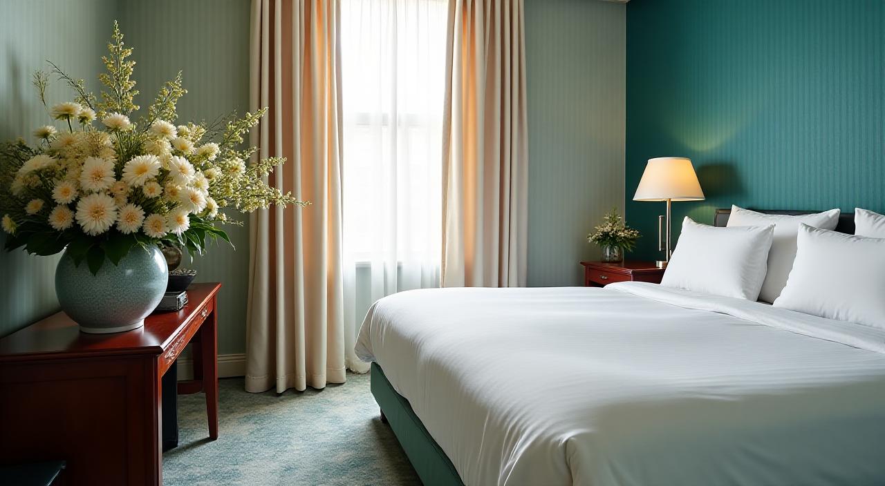 Luxury boutique hotel suite with floral arrangements